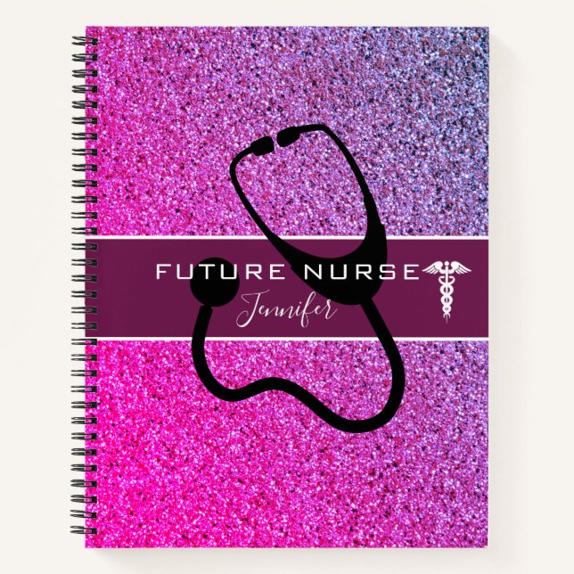 Future Nurse Stethoscope Lila Glitzer Name Notizbuch (Vorderseite)