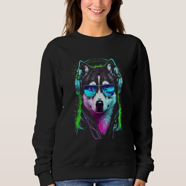 Future Wolf Dj Retro Party Dog Dj Synthwave Sweatshirt (Vorderseite)