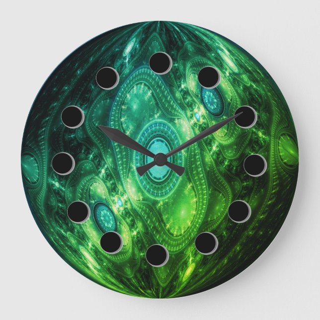 Futuristic Abstract Green Glow Wall Clock Große Wanduhr (Vorderseite)
