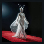Futuristic Alien Model In Cobweb Gown Poster<br><div class="desc">A sleek,  metallic alien figure walks down a red carpet,  its glistening attire illuminated by the lights,  evoking a sci-fi or fantasy setting</div>