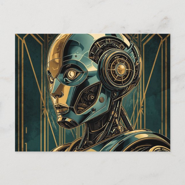 Futuristic Android Art Print Retro Art Deco Cyber Postkarte (Vorderseite)