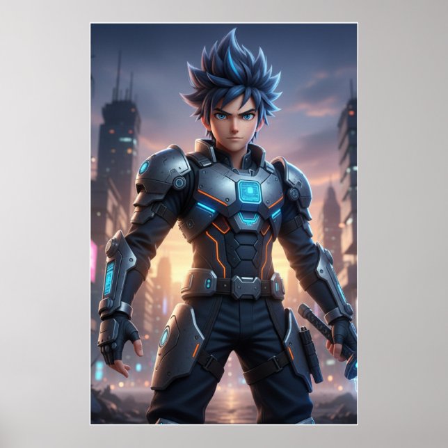 Futuristic Anime Hero – Cyberpunk Warrior Poster (Devant)