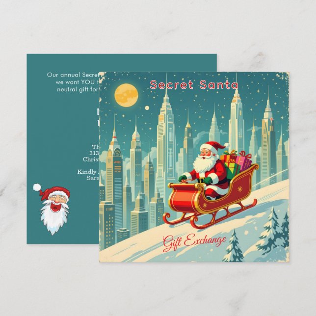 Futuristic City Santa Sleigh Gift Exchange Square Einladung (Vorne/Hinten)