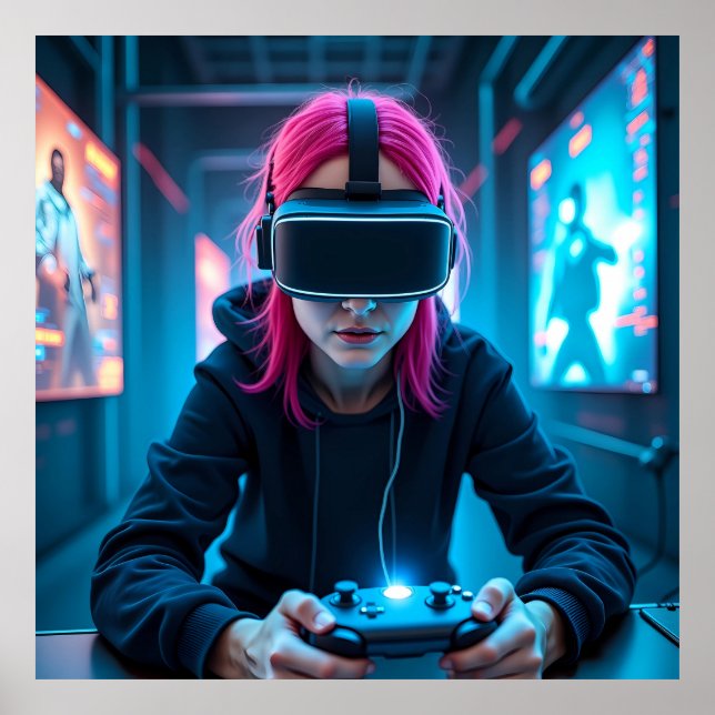 "Futuristic Cyber Gamer mit AR Visor AI Poster (Vorne)