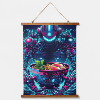 Futuristic Cyberpunk Robot Neon Food Ramen Wandteppich Mit Holzrahmen
