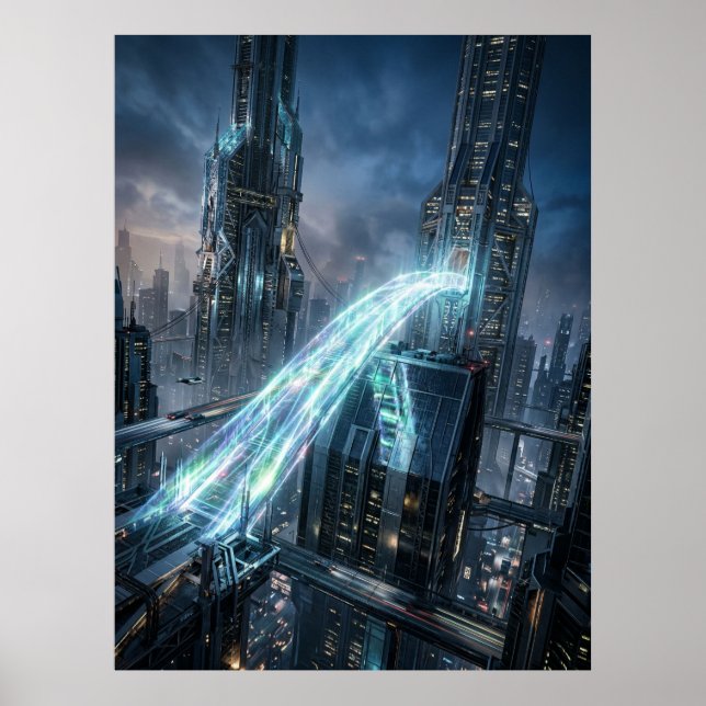 Futuristic Energy Bridge City Art Poster (Vorne)