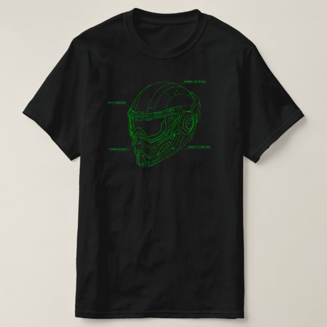 Futuristic Green Wireframe Cyber Helmet Blueprint T-Shirt (Design vorne)