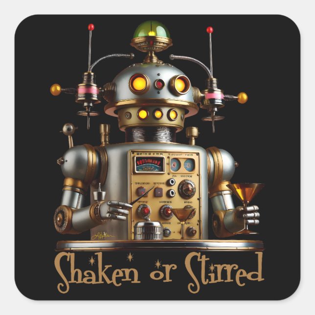 Futuristic Robot Bartender "Shaken or Stirred" Quadratischer Aufkleber (Vorderseite)