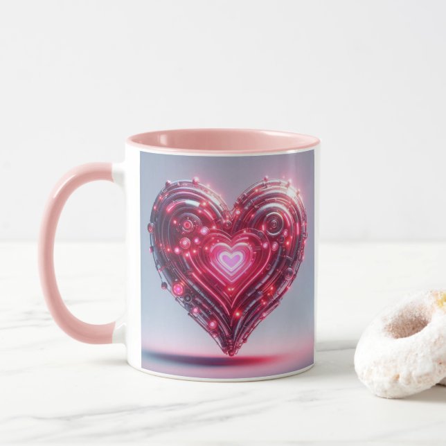 Futuristisch leuchtendes rosafarbenes Herz Tasse (Mit Donut)