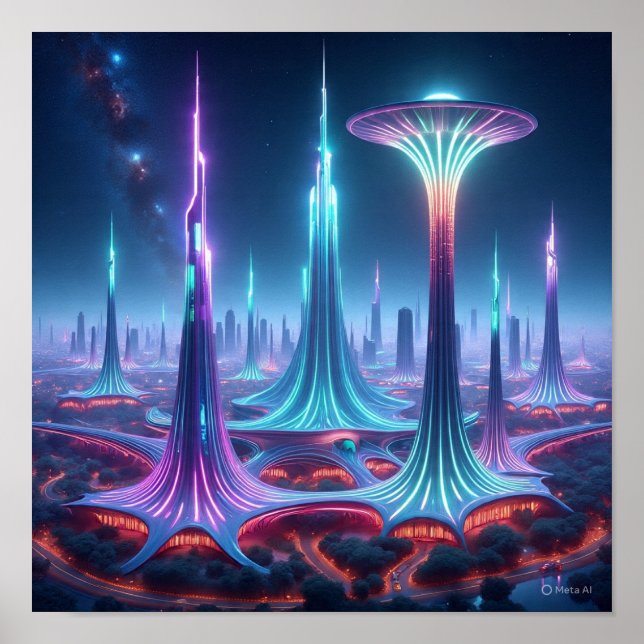 Futuristische Alien Stadtbild mit Spaceport Poster (Vorne)