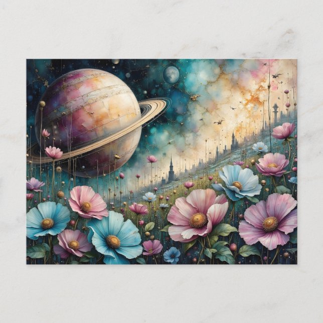 Futuristische Cosmos-Blume und Weltraum Postkarte (Vorderseite)