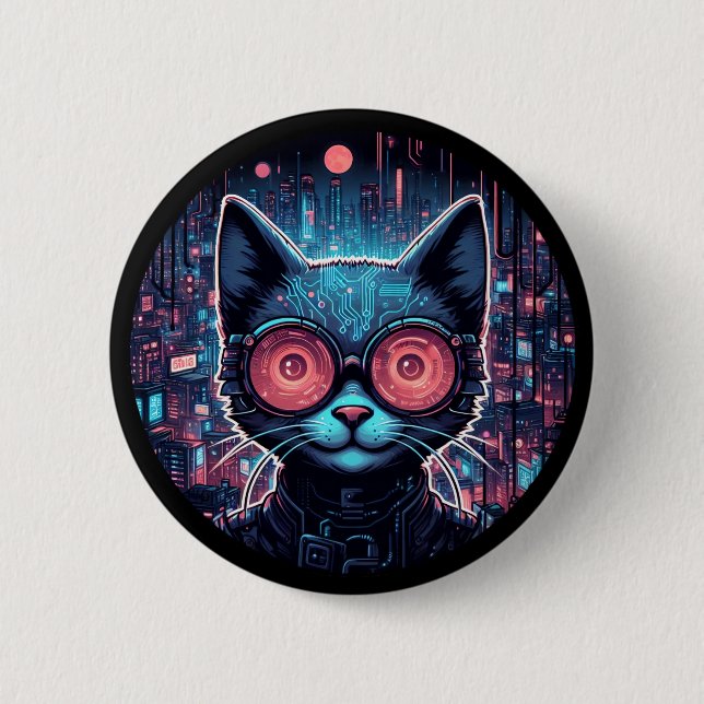 Futuristische Cyberkatze Button (Vorderseite)