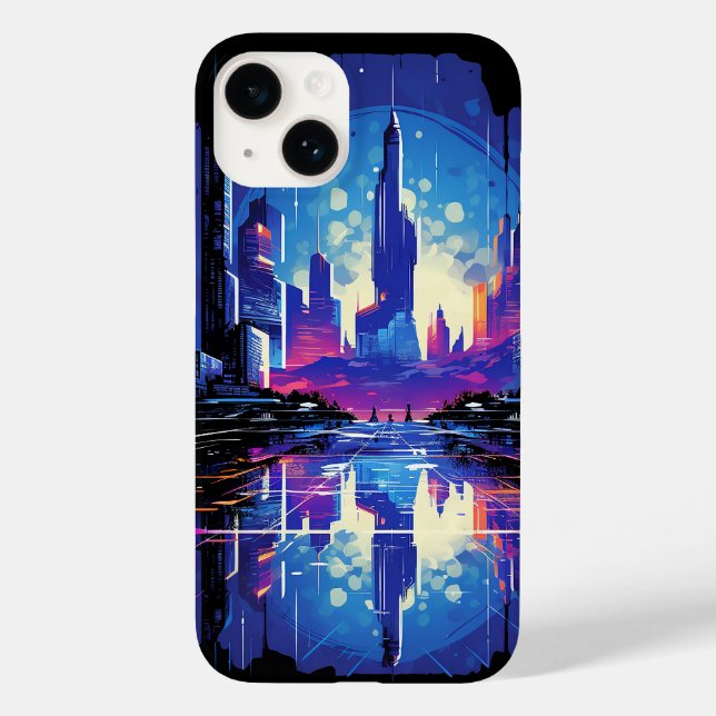 Futuristische Cyberpunk City Skyline Case-Mate iPhone 14 Hülle (Rückseite)