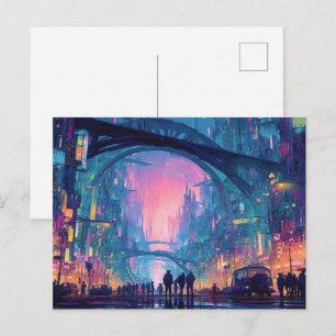 Futuristische Cyberpunk-Stadtlandschaft mit leucht Postkarte