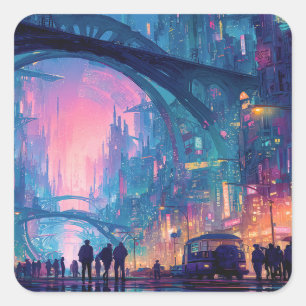 Futuristische Cyberpunk-Stadtlandschaft mit leucht Quadratischer Aufkleber