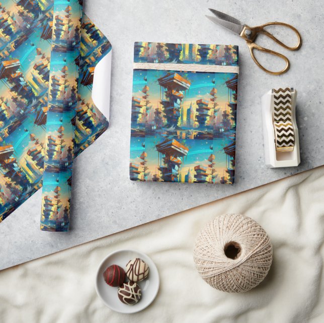 Futuristische Dystopische Stadt, AI-Generierte Mal Geschenkpapier (Kunsthandwerk)