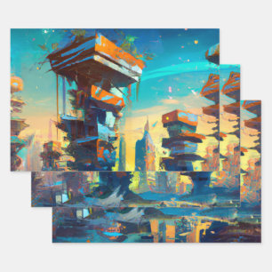 Futuristische Dystopische Stadt, AI-Generierte Mal Geschenkpapier Set