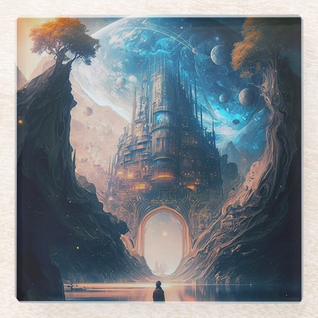 Futuristische Fantasy Burg Landschaftsbild Unterse Glasuntersetzer (Vorderseite)