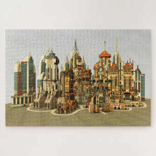 Futuristische Fantasy-Stadt Sci-Fi-Skyline-Kunst