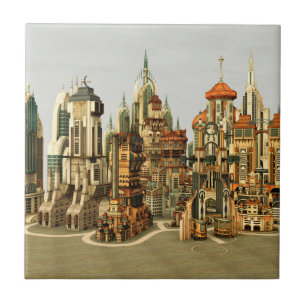 Futuristische Fantasy-Stadt Sci-Fi-Skyline-Kunst Fliese