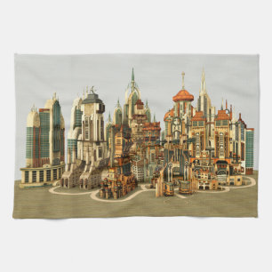 Futuristische Fantasy-Stadt Sci-Fi-Skyline-Kunst Geschirrtuch
