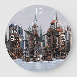Futuristische Fantasy-Stadt Sci-Fi-Skyline-Kunst Große Wanduhr