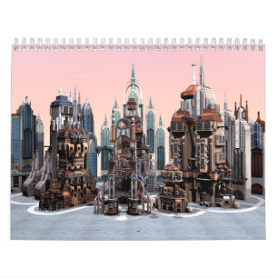 Futuristische Fantasy-Stadt Sci-Fi-Skyline-Kunst Kalender