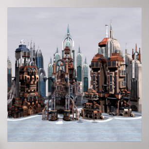Futuristische Fantasy-Stadt Sci-Fi-Skyline-Kunst Poster