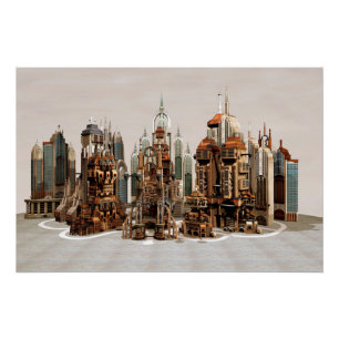 Futuristische Fantasy-Stadt Sci-Fi-Skyline-Kunst Poster