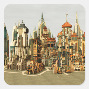 Futuristische Fantasy-Stadt Sci-Fi-Skyline-Kunst Quadratischer Aufkleber