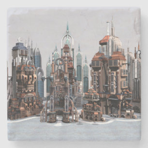 Futuristische Fantasy-Stadt Sci-Fi-Skyline-Kunst Steinuntersetzer