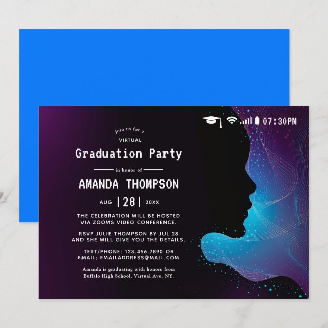 Futuristische Glow Virtual Graduation Party Einladung (Vorne/Hinten)