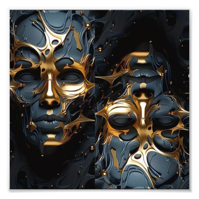 Futuristische Gold & Black Abstrakt Face Art Fotodruck (Vorne)