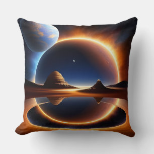 Futuristische Landschaft mit Planeten und Ringen Kissen