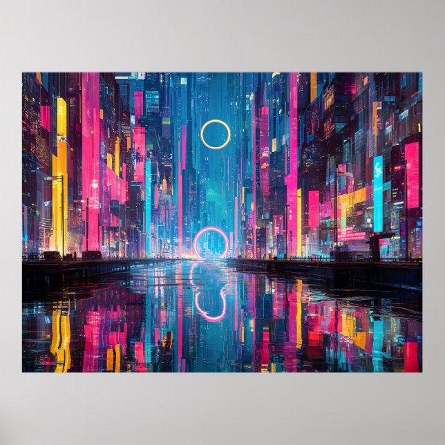 Futuristische lebendige Neon-Nacht-Stadtansicht Poster (Vorne)