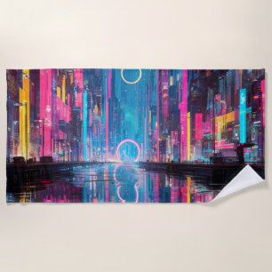 Futuristische lebendige Neon-Nacht-Stadtlandschaft Strandtuch
