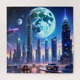 Futuristische Neon City mit Flying Cars und Sky