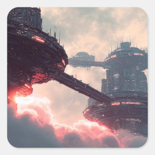 Futuristische Plattformen in den Wolken bei Dämmer Quadratischer Aufkleber