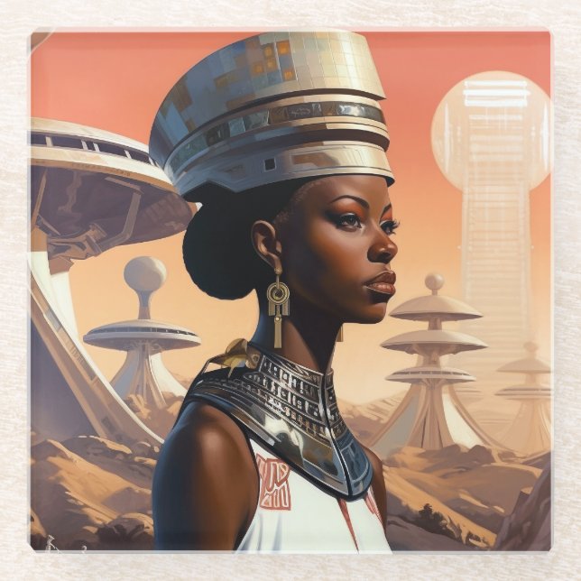 Futuristische Queen Afrofuturistische Science Fict Glasuntersetzer (Vorderseite)