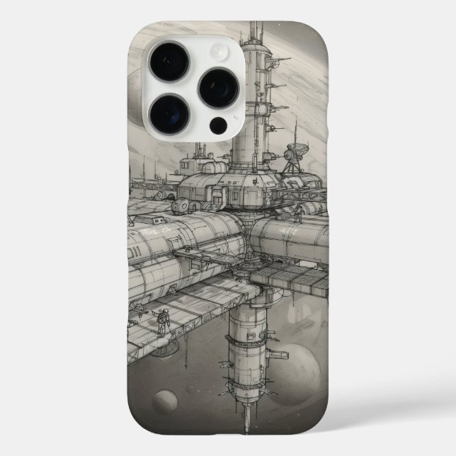 Futuristische Raumstation, die einen fernen Planet iPhone 16 Pro Hülle (Rückseite)