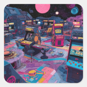 Futuristische Retro-Arcade im Weltraum Quadratischer Aufkleber