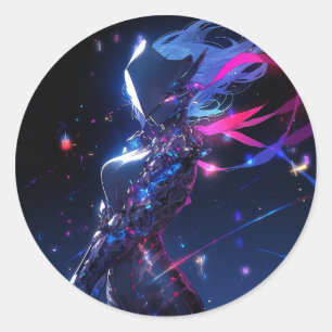 Futuristische Sci-Fi Cyber Warrior Anime Girl Runder Aufkleber
