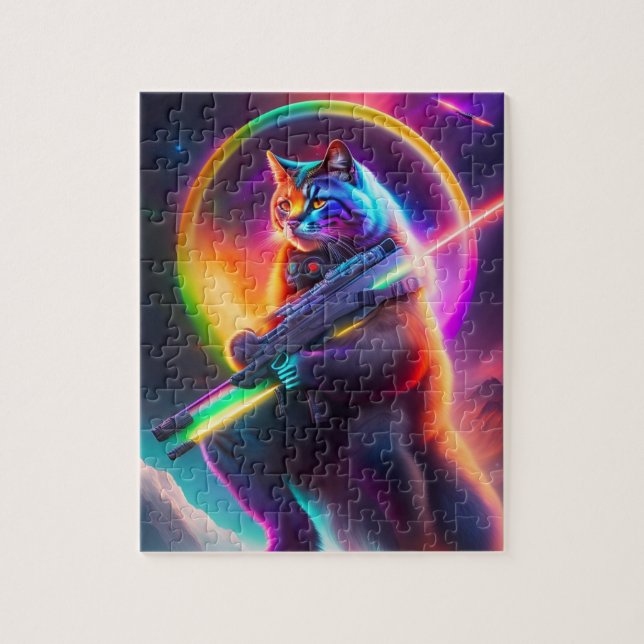 Futuristische Sci-Fi Warrior Neon Cat mit Laser. K (Vertikal)