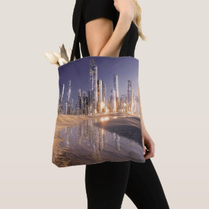Futuristische Science-Fiction-Stadt, gespiegelt in Tasche