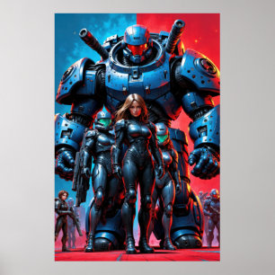 Futuristische Soldaten und gepanzerter Roboter in Poster