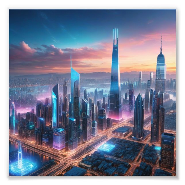Futuristische Stadt bei Sonnenuntergang Fotodruck (Vorne)