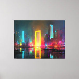 Futuristische Stadt mit strahlendem Neonportal Leinwanddruck