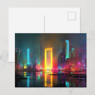 Futuristische Stadt mit strahlendem Neonportal Postkarte