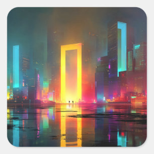 Futuristische Stadt mit strahlendem Neonportal Quadratischer Aufkleber