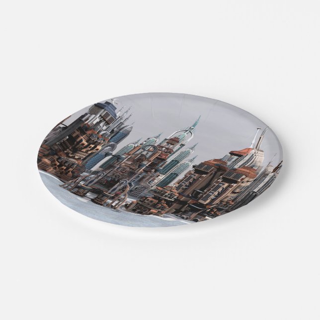 Futuristische Stadt Pappteller (Schrägansicht)